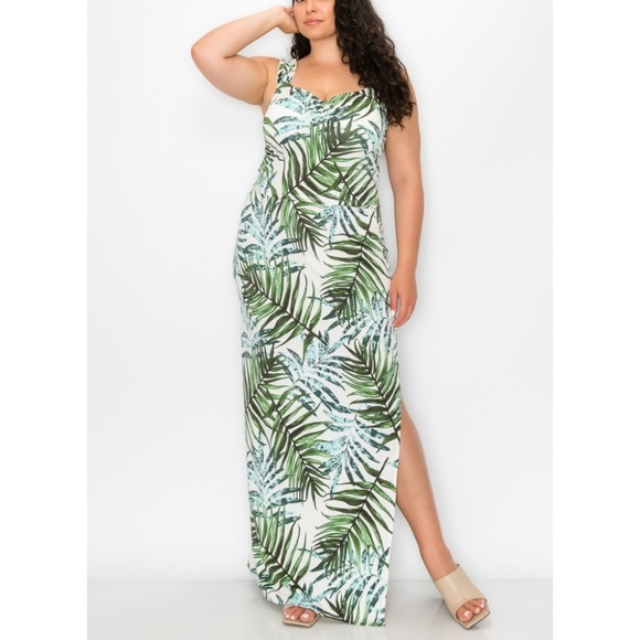Tropical Plus Size Ruffled Sleeve Tank Top and Maxi Skirt Set